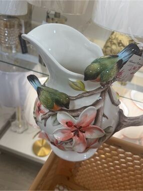 Hand-Painted Floral Ceramic Pitcher with Perched Birds